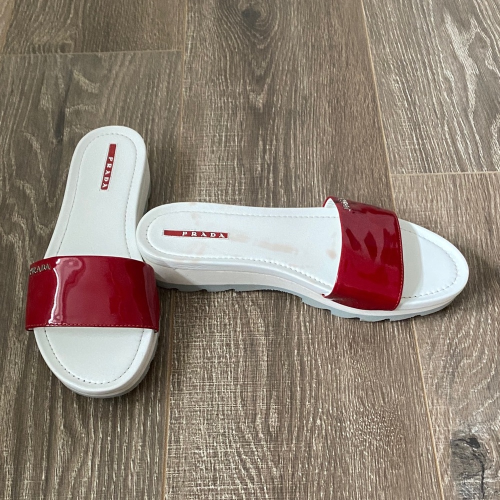 Prada Red and White Slide Sandals
